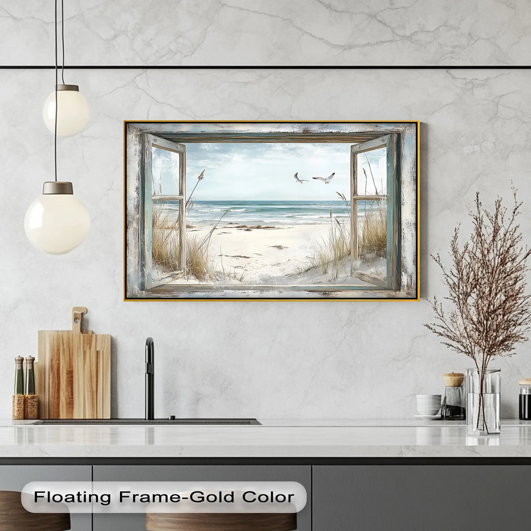 Seaside Escape Through Rustic Window – Kitchen Canvas Art - MyPhotoStation