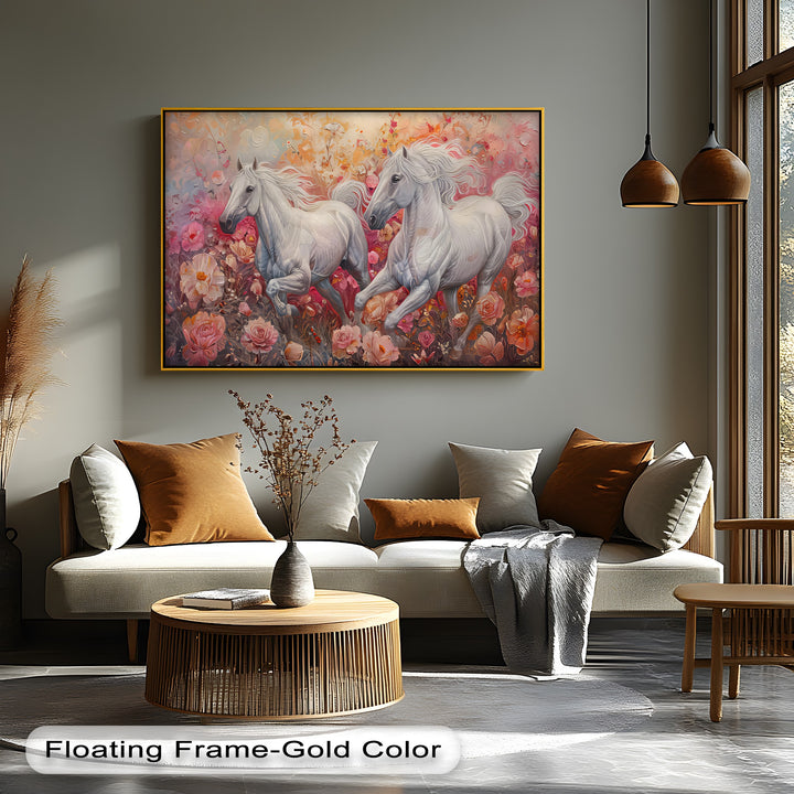 White Horses in Blooming Garden - Horse Canvas Print