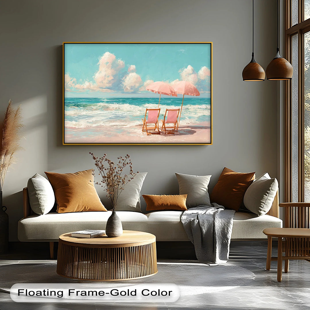 Serene Beach Escape with Pink Umbrellas – Seaside Canvas Print - MyPhotoStation
