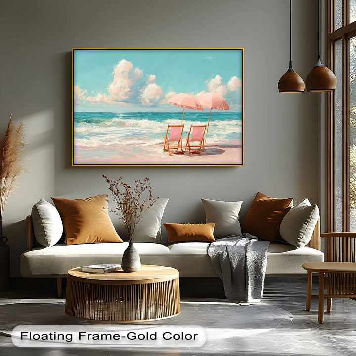 Serene Beach Escape with Pink Umbrellas – Seaside Canvas Print - MyPhotoStation