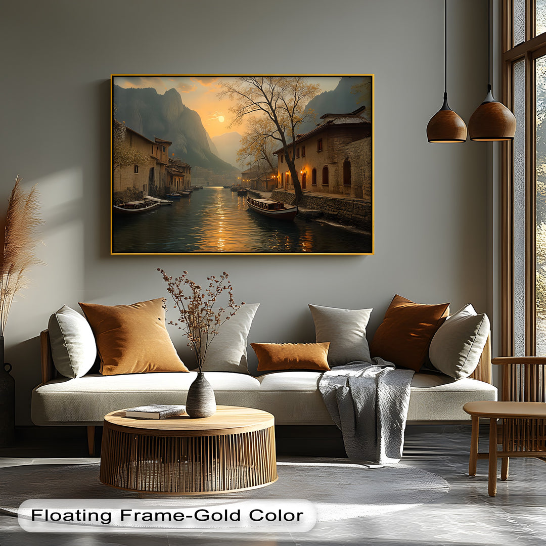 Sunset Canal Serenity – Lakeside Village Canvas Wall Art | Canvas Artwork