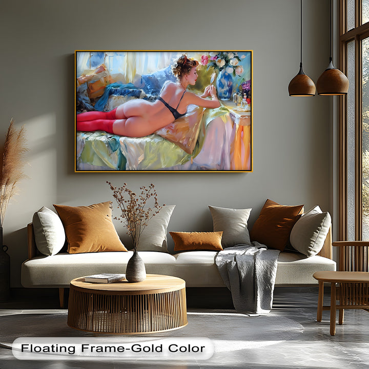 Erotic Boudoir Red Stockings - Sexy Canvas Wall Art | Nude Art