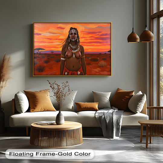 Surface texture reveals the high quality canvas prints capturing the erotic tribal naked canvas wall art, highlighting the artwork's brushstrokes and vibrant hues.