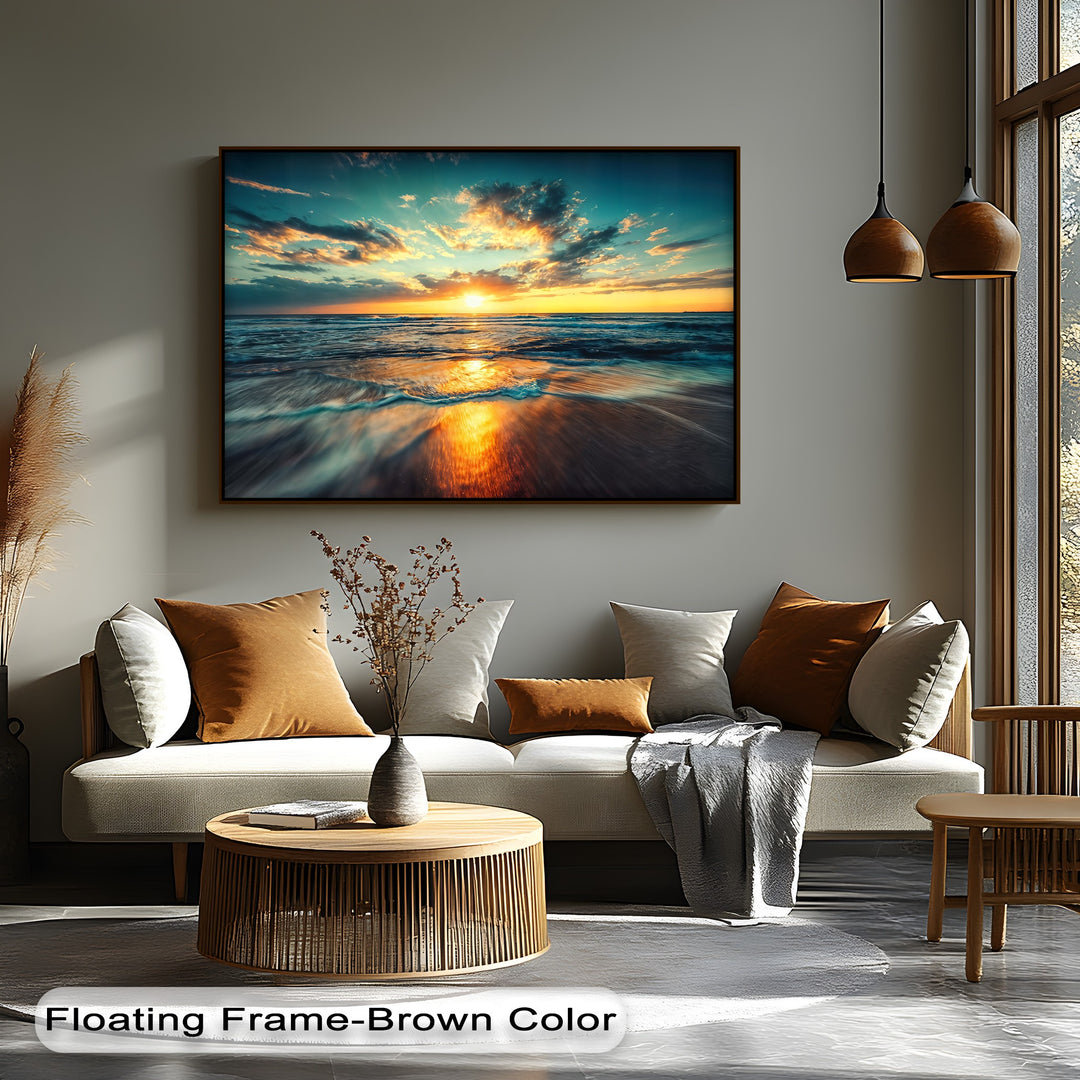 The visual rhythm of rolling ocean waves reflecting the golden sunset across a dramatic sky creates a captivating unique canvas print.