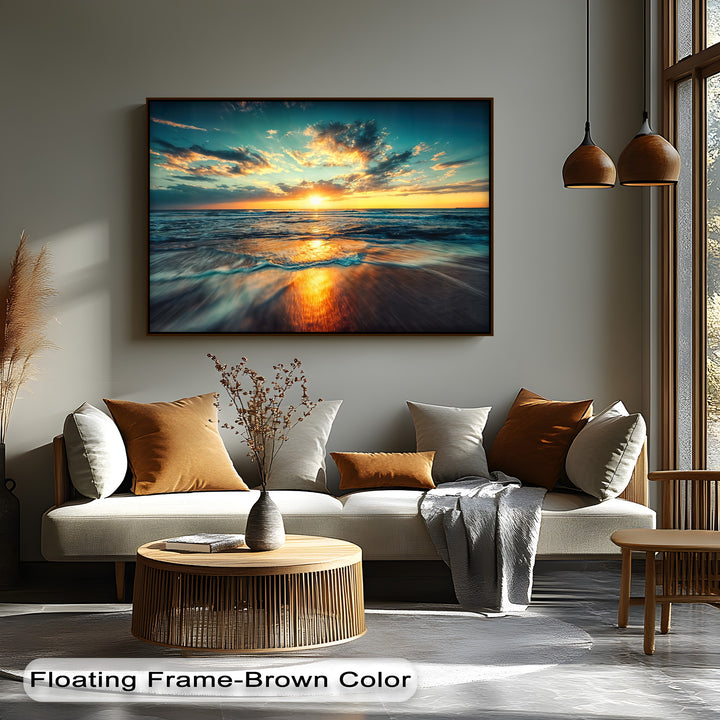 The visual rhythm of rolling ocean waves reflecting the golden sunset across a dramatic sky creates a captivating unique canvas print.