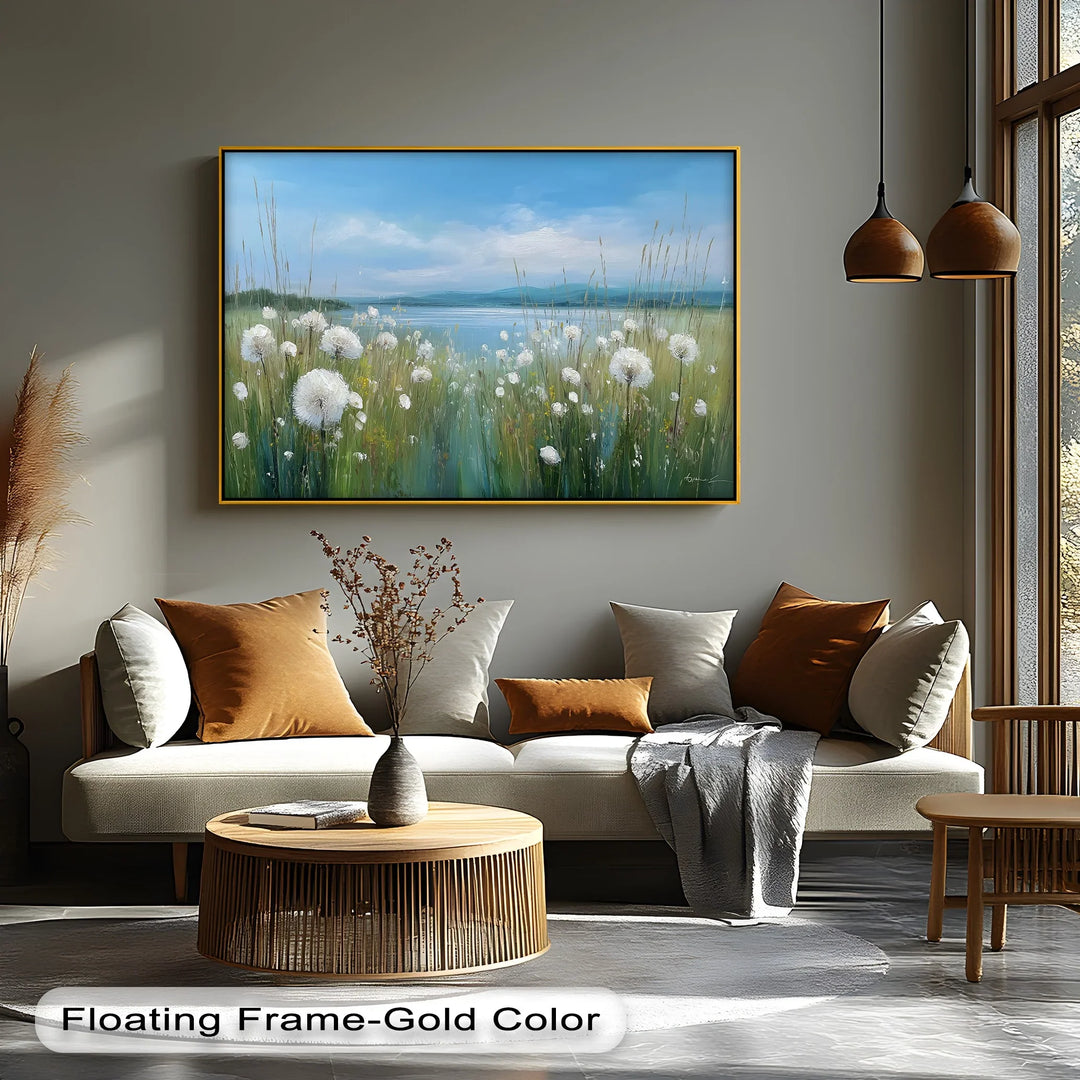 Whispers of Spring – Dandelion Field by the Lake Canvas Print - MyPhotoStation