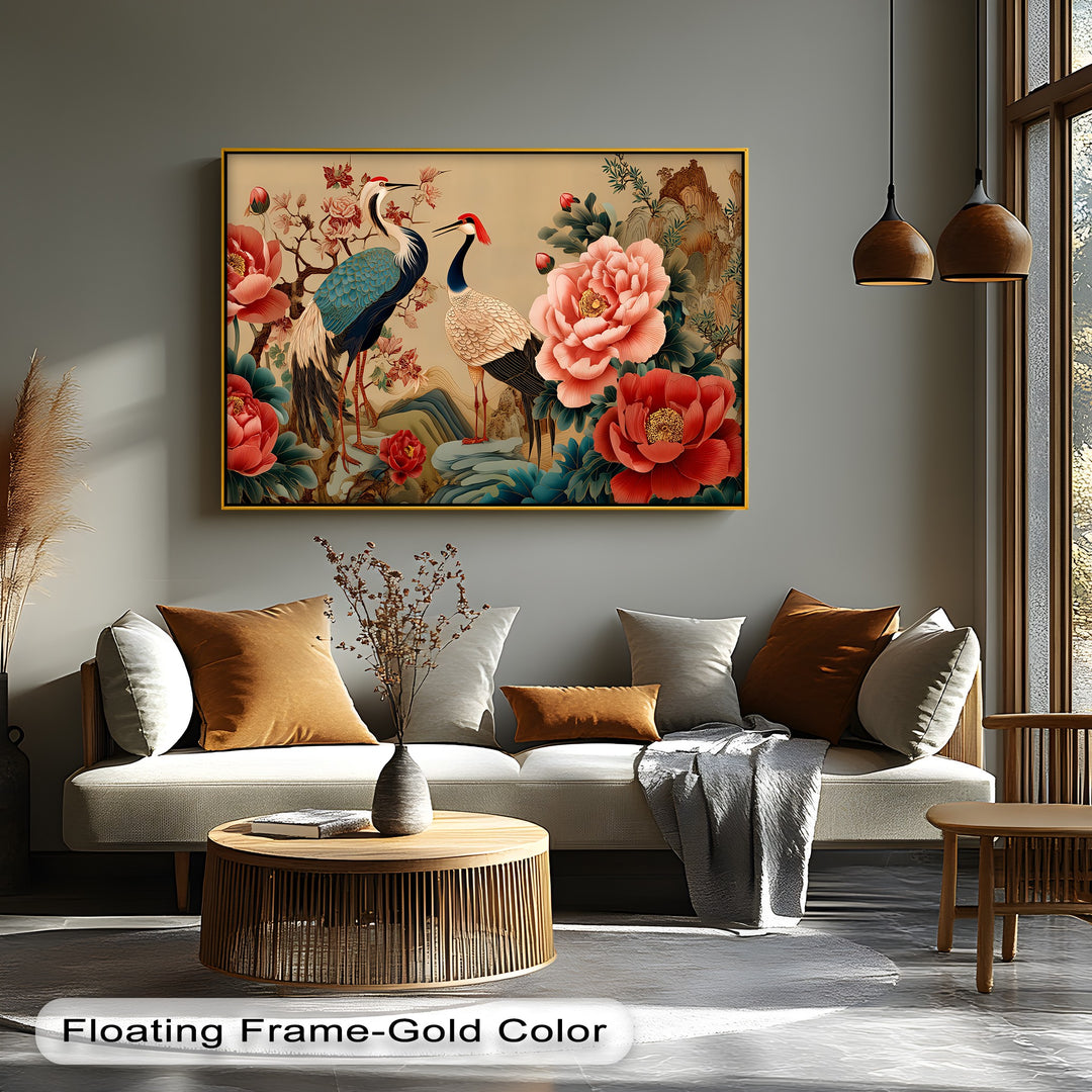 Cranes and Peonies Oriental - Canvas Wall Art | Large Canvas
