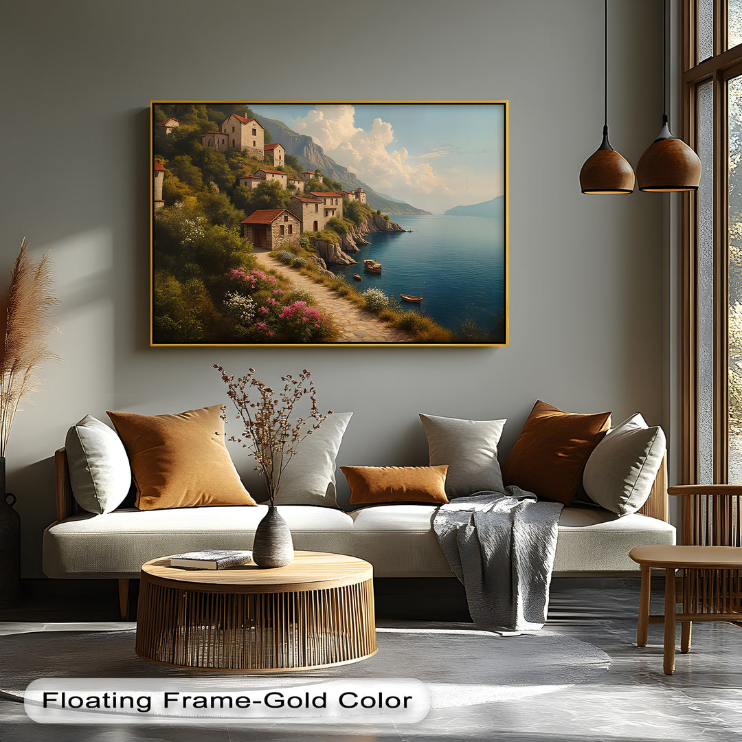 Cliffside Village Serenity – Mediterranean Coastal Canvas Wall Art | Framed Art