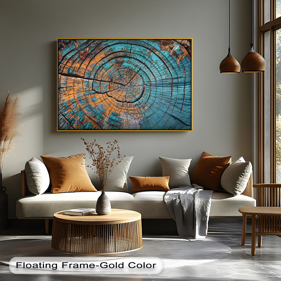 Framed with a floating gold border, this premium canvas decor showcases an abstract wood pattern canvas wall art print featuring turquoise tree rings.
