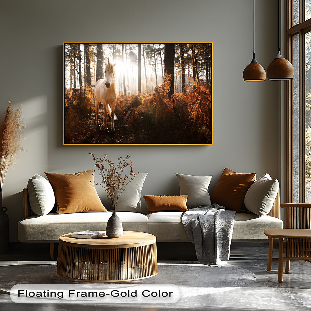 Enchanted Light – White Unicorn in Autumn Forest Canvas Print