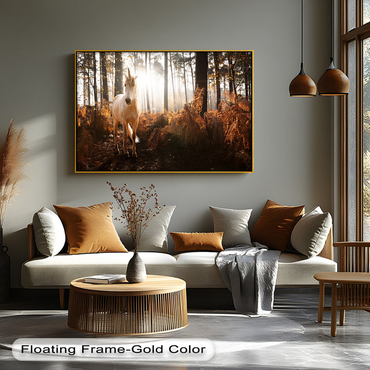 Enchanted Light – White Unicorn in Autumn Forest Canvas Print
