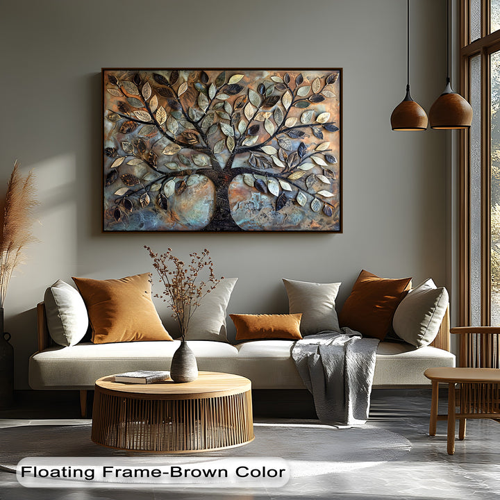 The striking color contrast in this Tree of Life 3D style botanical canvas pictures features metallic leaves against an earthy, oxidized background.