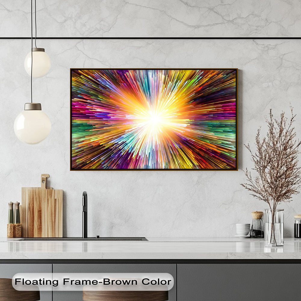 A dazzling, colorful light burst explodes with neon rainbow streaks from a radiant center in this energetic hanging canvas.