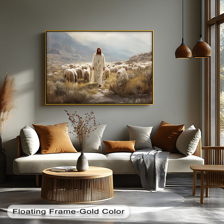 Jesus with Sheep in Mountain Valley - Religious Canvas Print