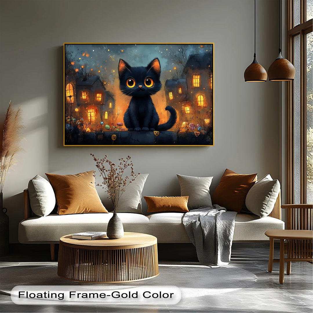 Big-Eyed Black Kitten in a Halloween Town - Cat Canvas Print - MyPhotoStation