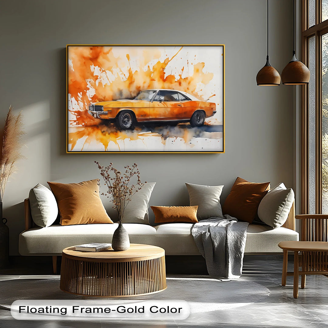 Orange Muscle Car with Paint Splash- Car Canvas Print