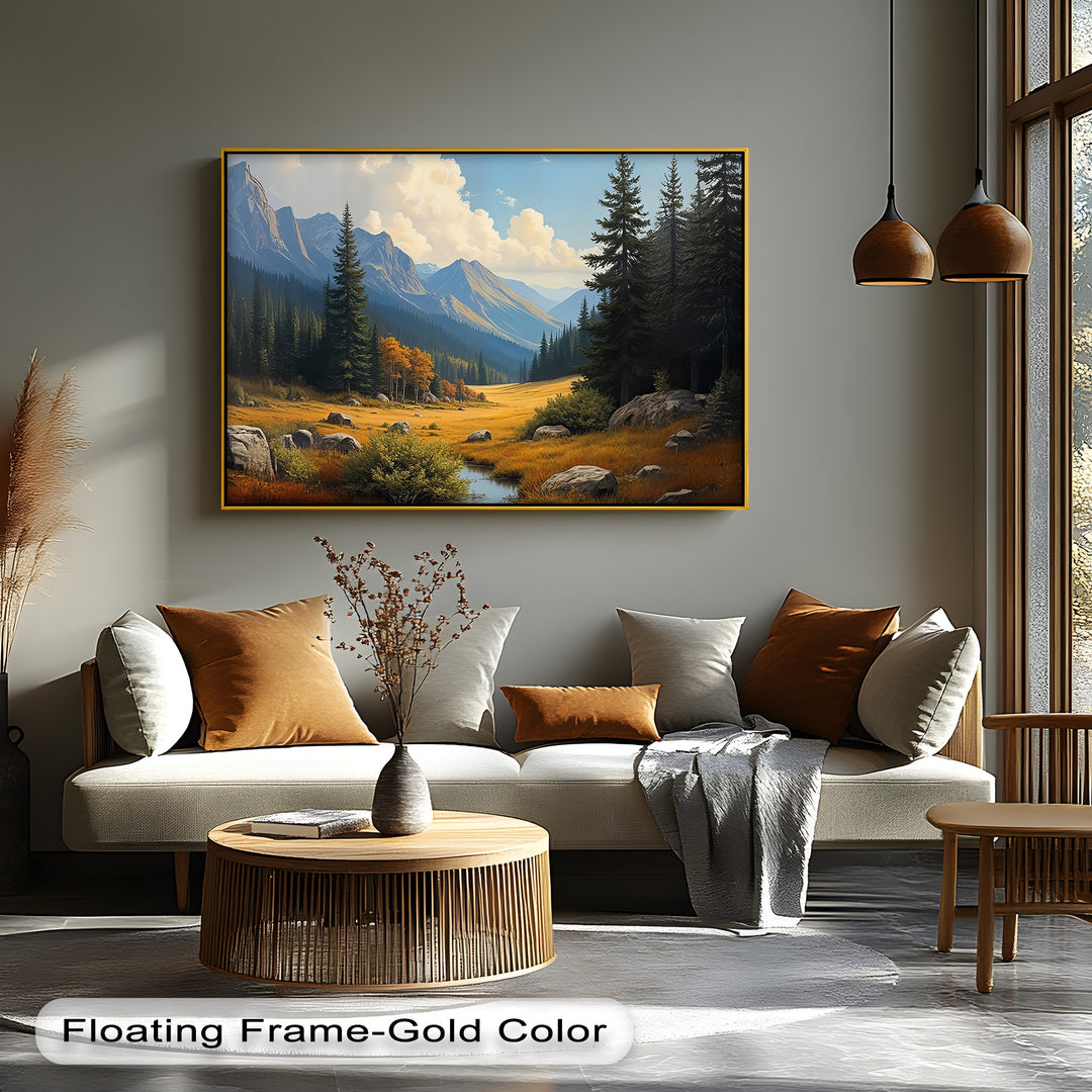 Golden Valley View – Majestic Mountain Landscape Oil Painting | Framed Art