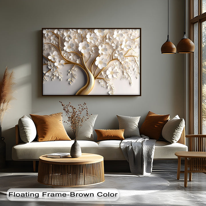 Intricate light and shadow define the raised white blossoms and gold branches on this luxurious White Blossom Tree canvas art prints.