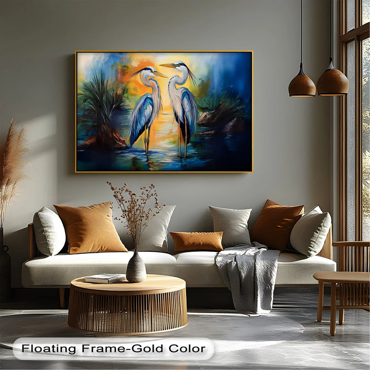 Twin Grace – Elegant Blue Herons at Sunset Canvas Wall Art - MyPhotoStation