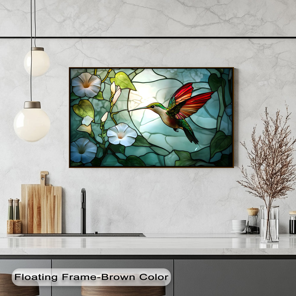 The rich brown floating frame beautifully highlights the detailed hummingbird stained glass unique canvas print, a stunning floral bird wall art.