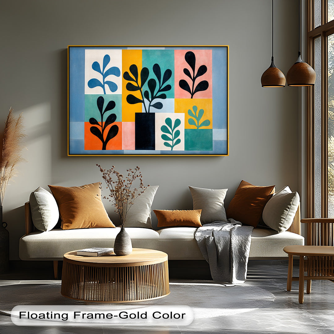 Warm sunlight highlights the cool color temperature within this mid century botanical canvas artwork, enhancing the modern geometric plant wall art.