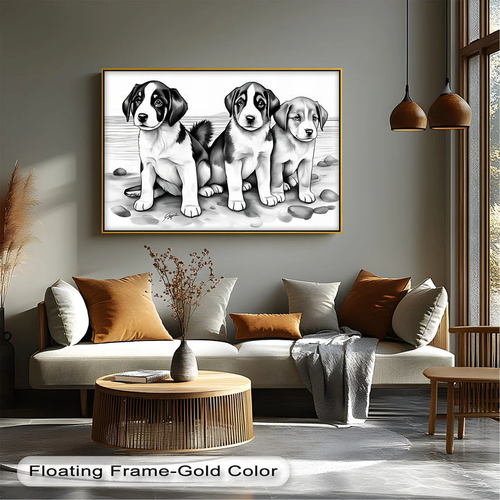 Seaside Trio – Monochrome Puppy Portrait at the Shore Canvas Print - MyPhotoStation