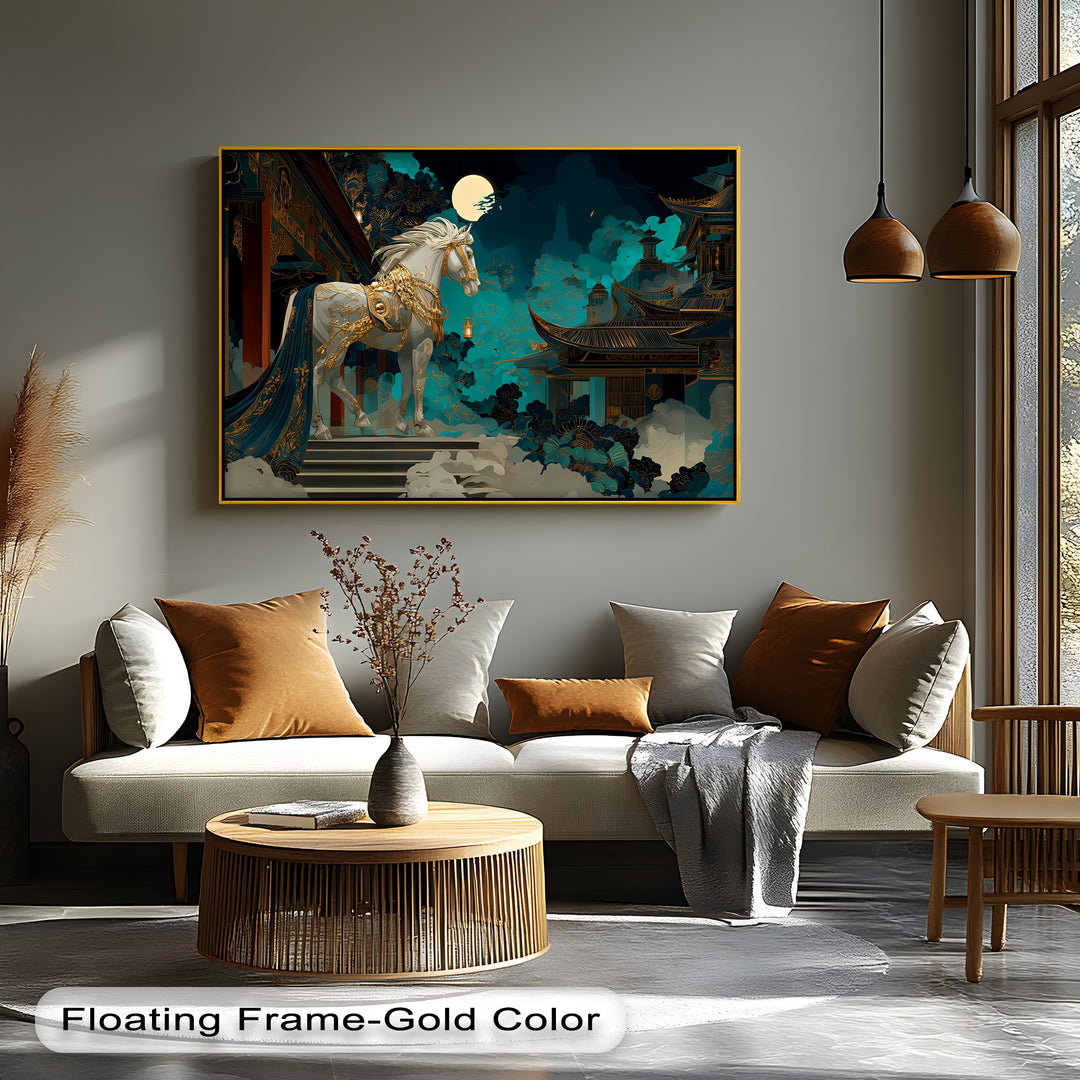 Moonlit Majesty – White Horse in Royal Gold Armor Canvas Print