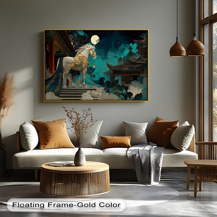 Moonlit Majesty – White Horse in Royal Gold Armor Canvas Print