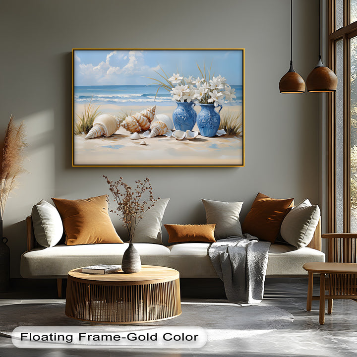 Coastal Serenity – Seashells and Blue Vases Canvas Print