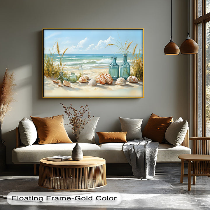 Whispers of the Shore – Seashells and Glass Bottles Coastal Canvas Print