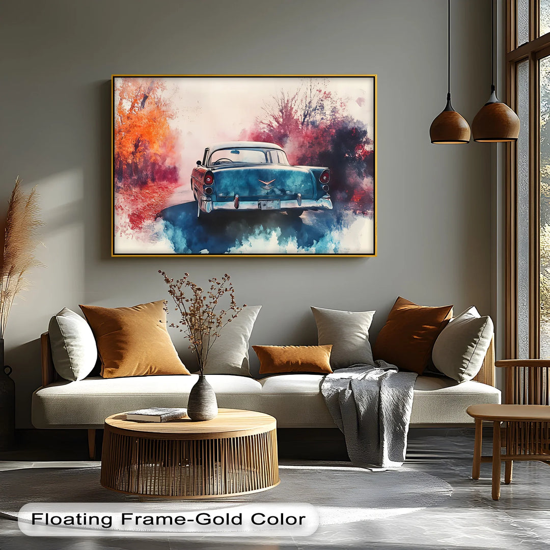 Retro Teal Classic Car Surrounded by Autumn Haze – Car Canvas Print