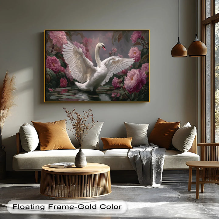 Graceful bird wall art featuring white swan and blooming garden flowers


