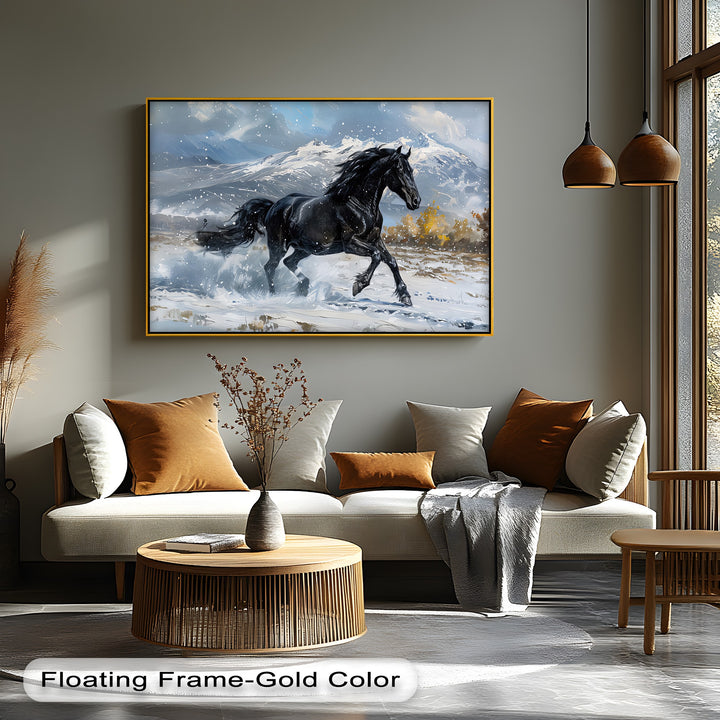 Galloping Black Stallion in Snowy Mountains - Horse Canvas Print