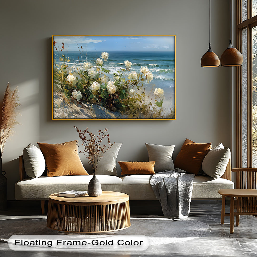 Whispers of the Dunes – White Roses by the Sea Canvas Print