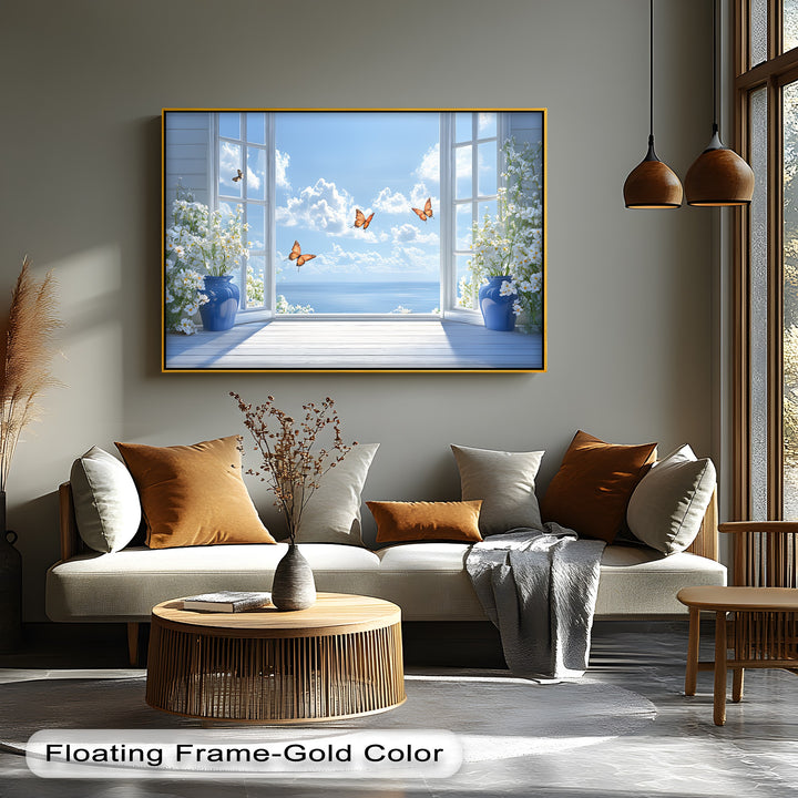 Ocean Breeze Serenity – Blue Vase Flowers and Butterflies Canvas Print