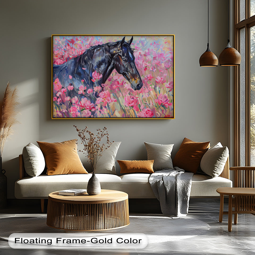 Blossom Drift – Black Horse in Pink Field Canvas Print