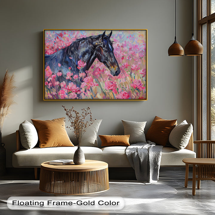 Blossom Drift – Black Horse in Pink Field Canvas Print