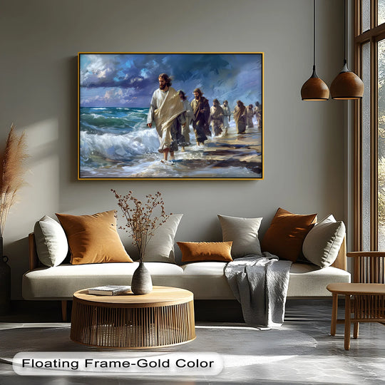 Canvas print dramatic ocean scene of Jesus and disciples with floating gold frame is Christian wall décor and spiritual art