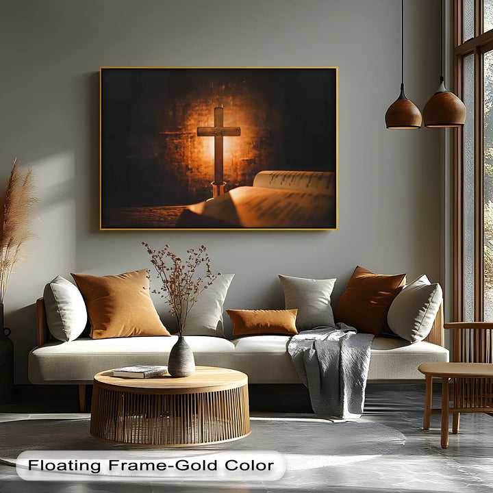 Sacred Glow – Cross and Bible in Candlelight Canvas Print