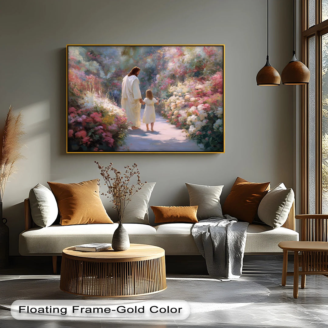 Guided in Grace – Jesus and Child in Garden Path Canvas Print - MyPhotoStation