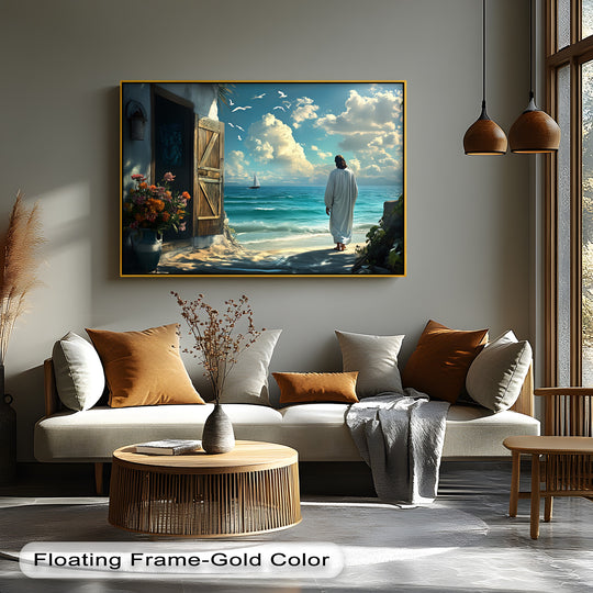 Gentle canvas artwork captures the flowing motion as Jesus walks on the beach, a serene scene with sailing boat and seagulls in flight.