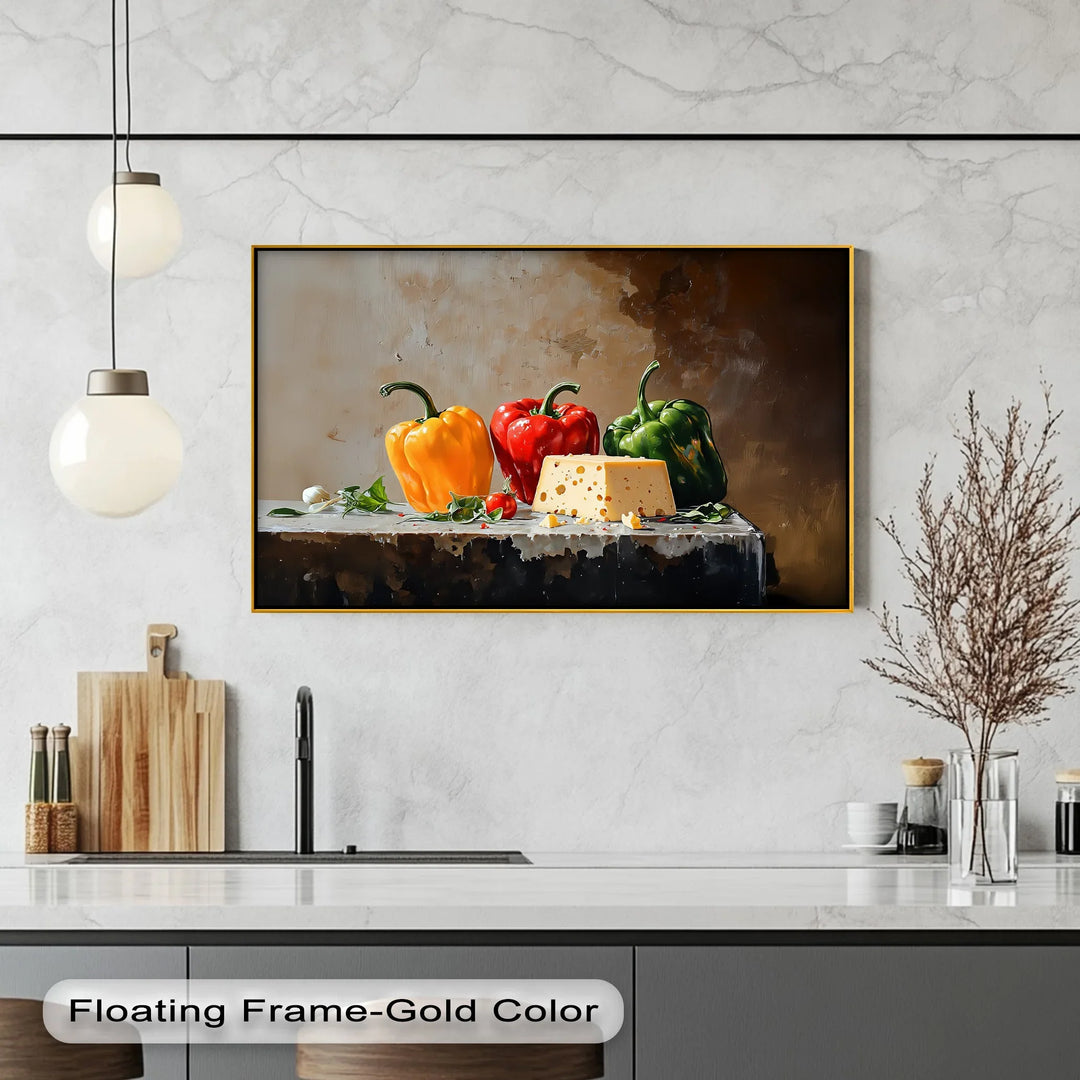 Colorful Bell Peppers & Cheese – Rustic Kitchen Canvas Print - MyPhotoStation