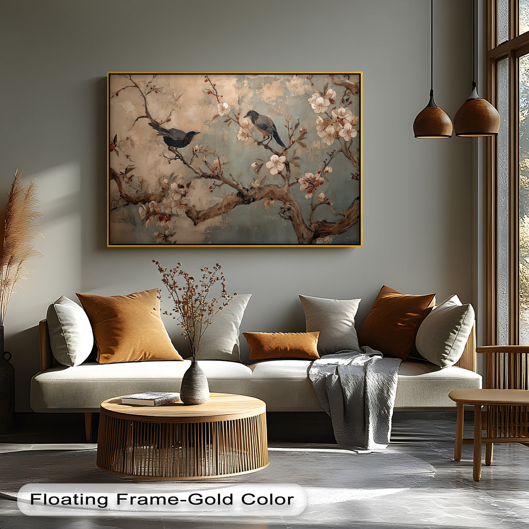 Vintage Cherry Blossom Bird Mural Botanical Canvas Art | Large Canvas
