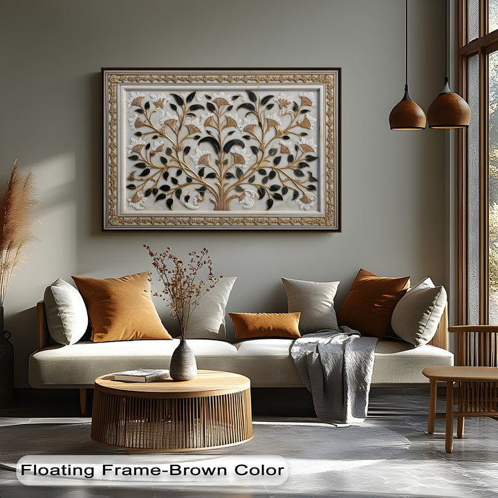 The elegant floral hanging canvas features an elaborate ornate gilded border with intricate scrolling details framing the botanical design.