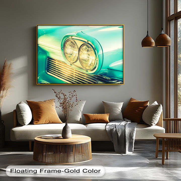 Golden Glow – Close-Up of Classic Car Headlights Canvas Print