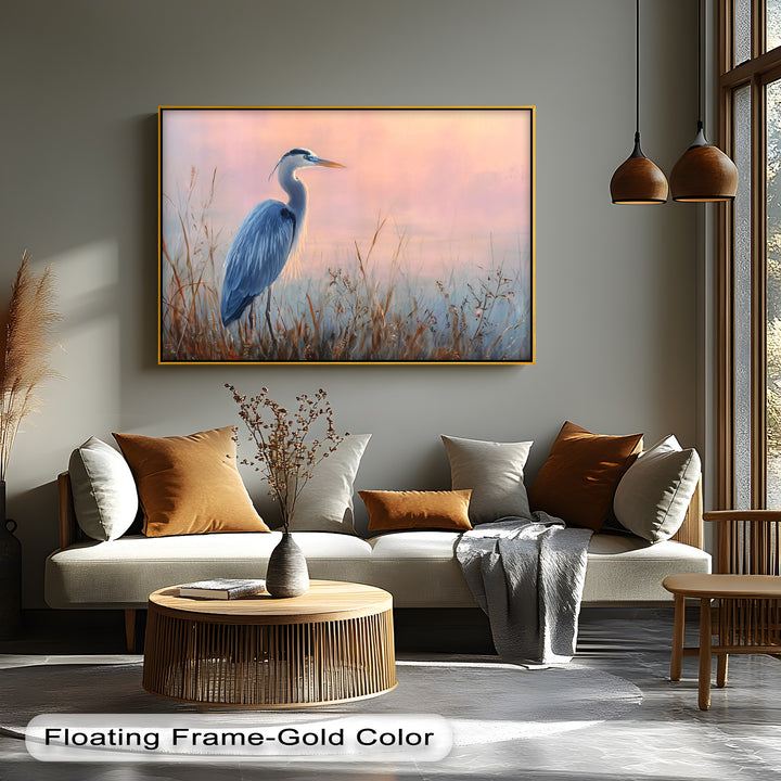 Geometric elements highlight the rectangular Graceful Blue Heron canvas print, creating a visually appealing unique canvas print with its framed, horizontal composition.