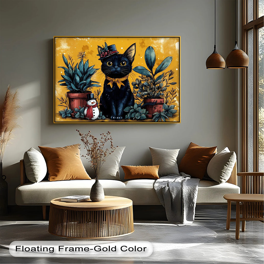 Black Cat with Holiday Hat and Yellow Ribbon - Cat Canvas Print - MyPhotoStation