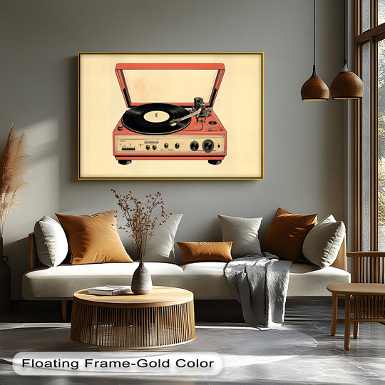 Subtle light and shadow play across the retro turntable canvas wall decor, accentuating the crimson tones of this vintage-inspired print.
