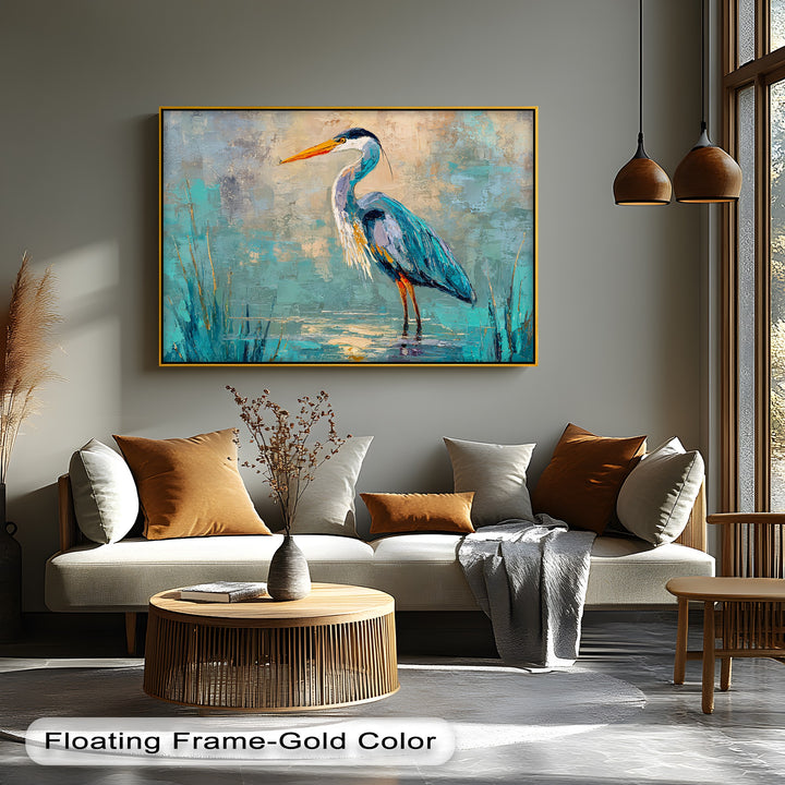 Light and shadow play across this framed canvas of the blue heron abstract canvas print, highlighting the textured brushstrokes and vibrant colors of the modern wildlife bird wall art.