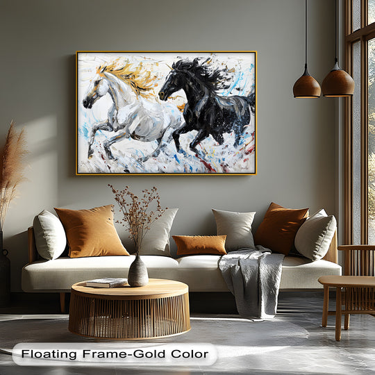 Canvas print abstract black and white horses plus charge and ethereal artwork wall art for modern interior